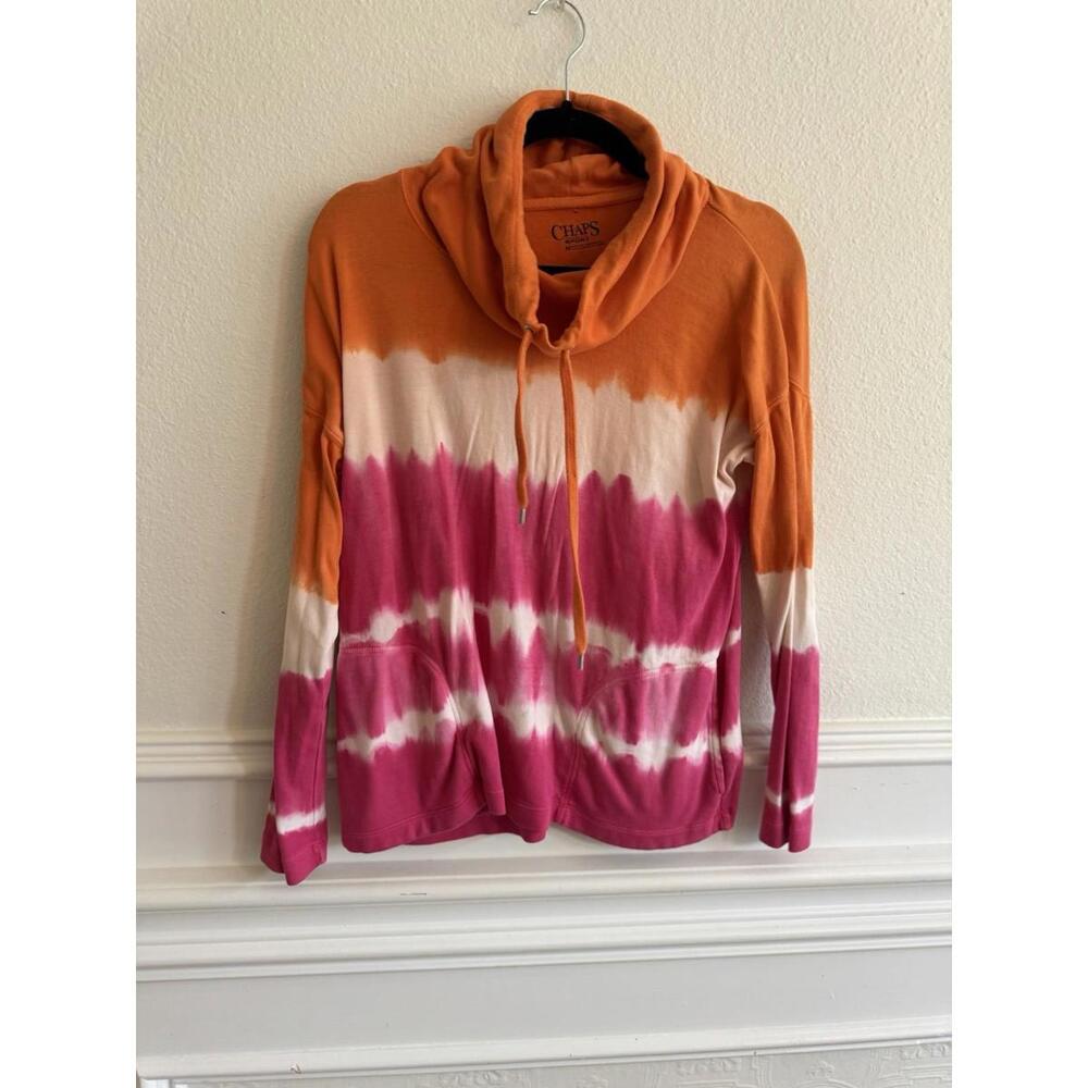Chaps Sport Hoodie Sweatshirt Womens Medium Pink/Orange Tie-Dye Pullover